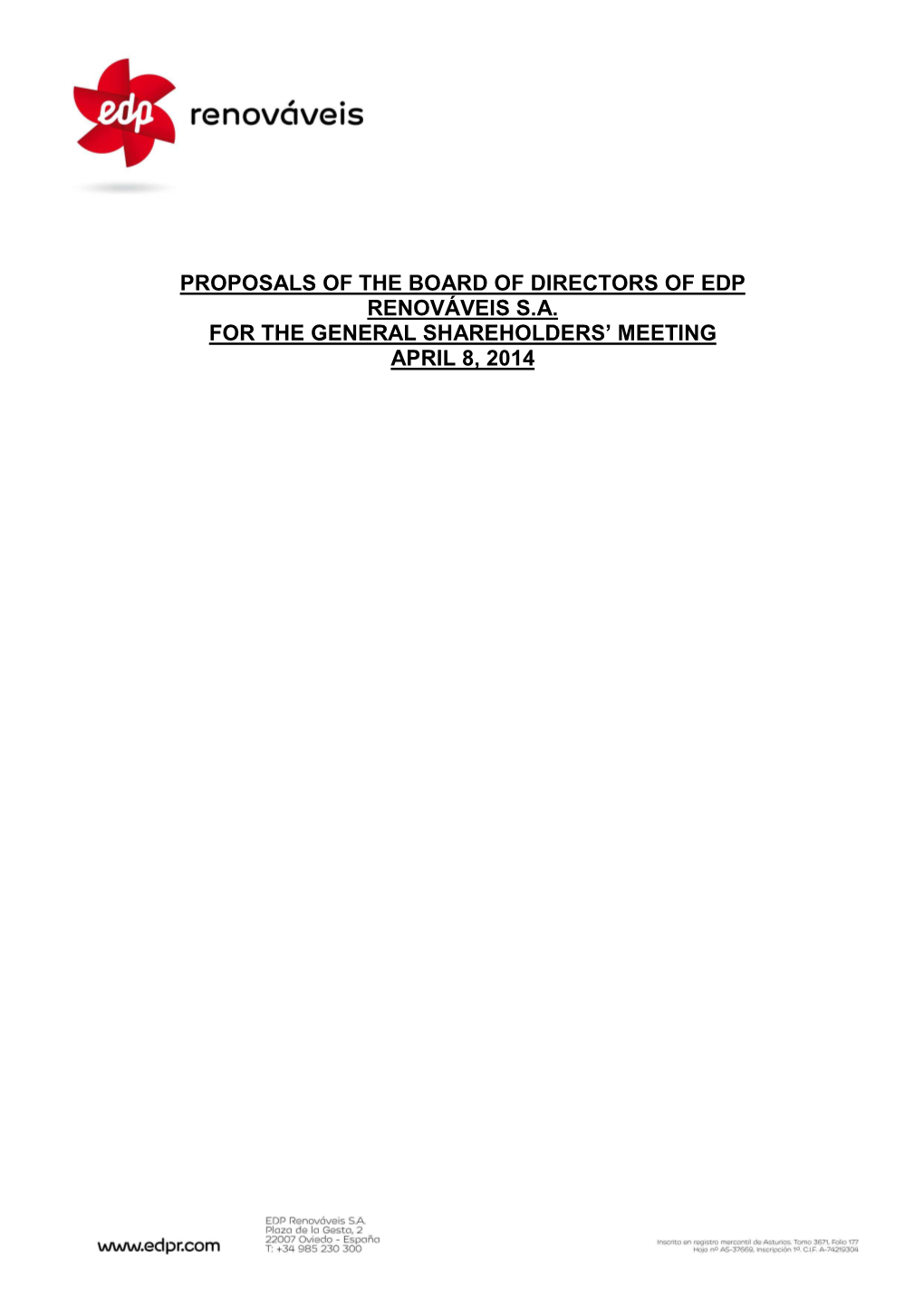 Proposals of the Board of Directors of Edp Renováveis S.A