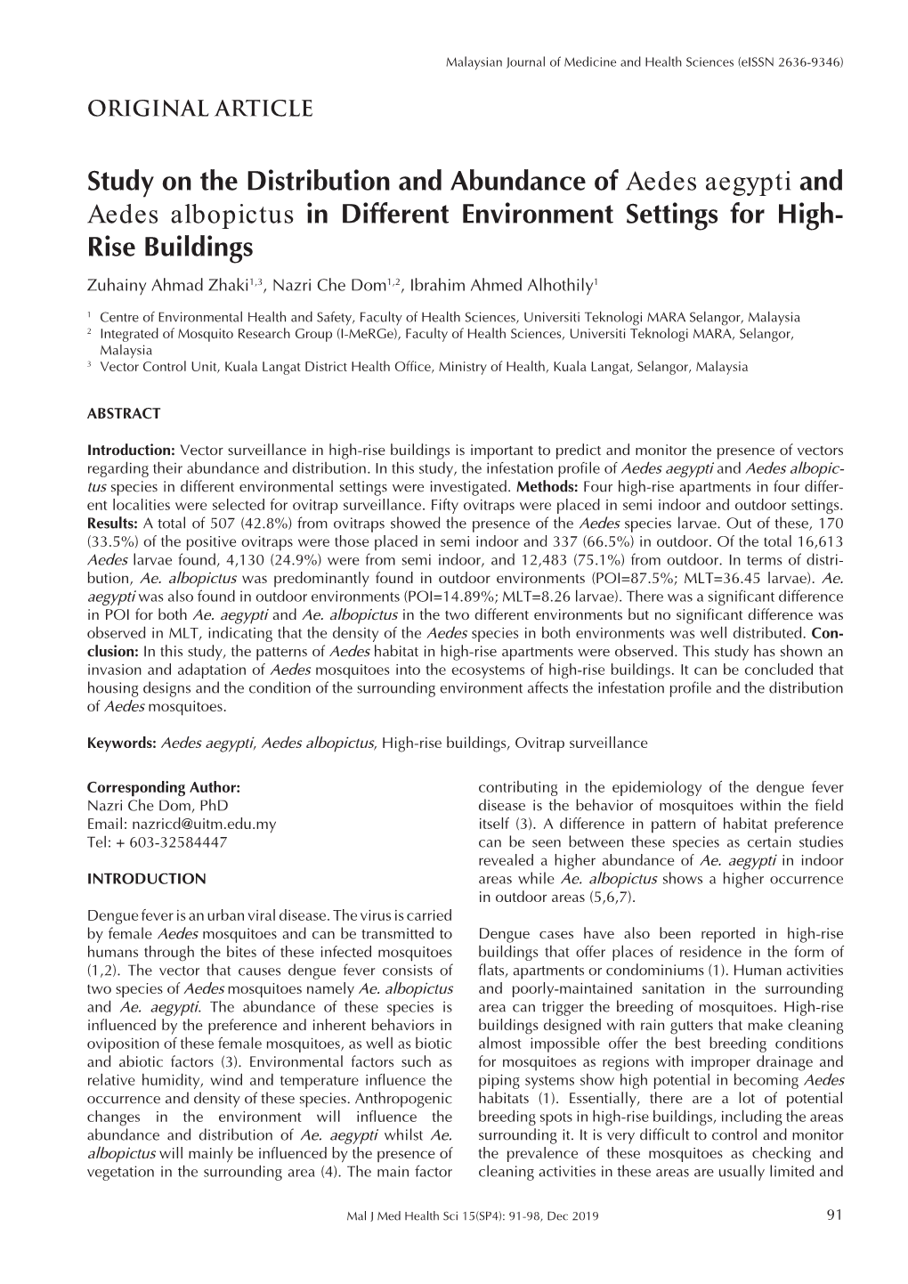 Study on the Distribution and Abundance of Aedes