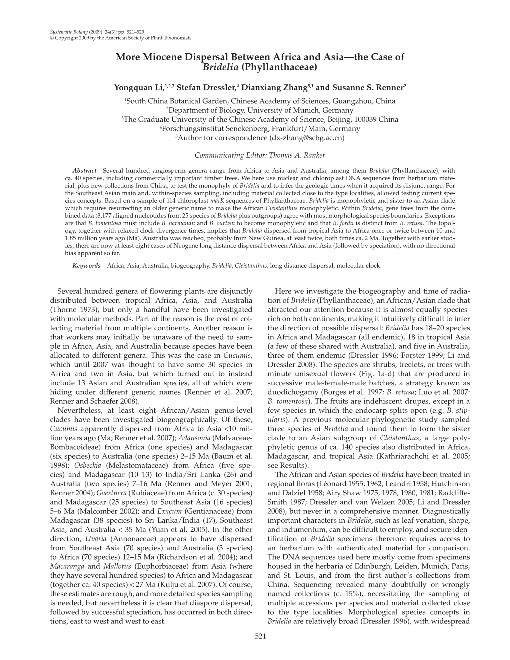 More Miocene Dispersal Between Africa and Asia—The Case of Bridelia (Phyllanthaceae)