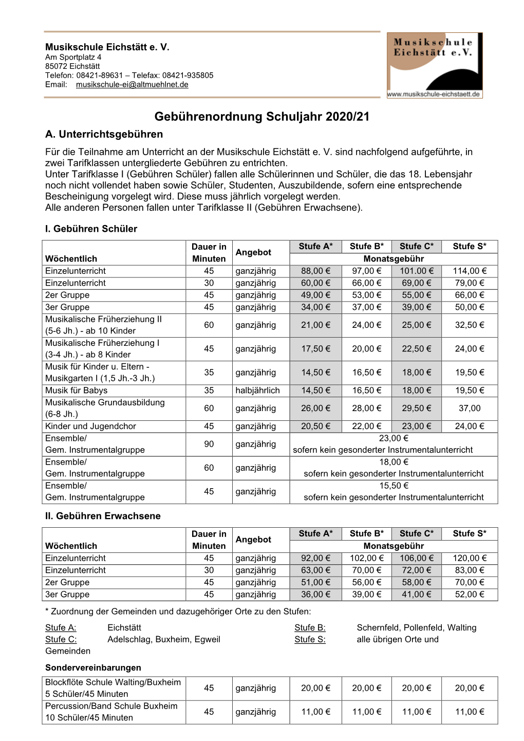 Gebührenordnung Schuljahr 2020 21