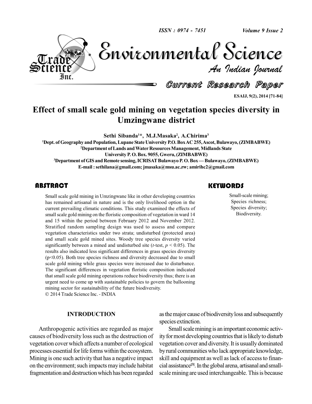 Effect of Small Scale Gold Mining on Vegetation Species Diversity in Umzingwane District