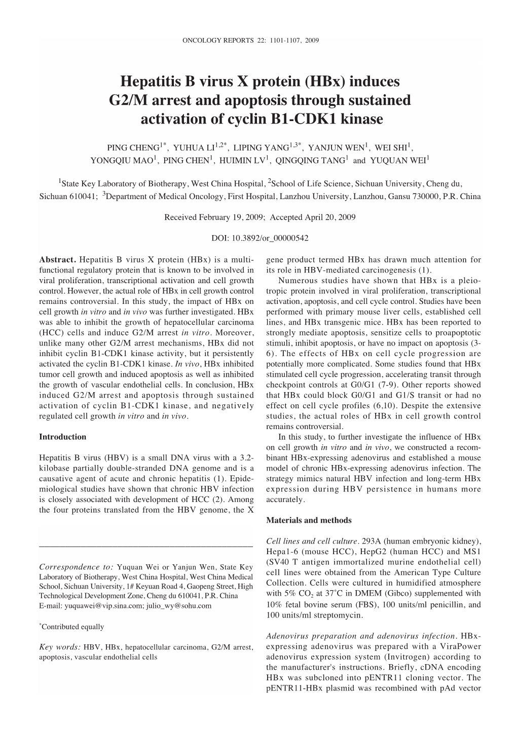 Hbx) Induces G2/M Arrest and Apoptosis Through Sustained Activation of Cyclin B1-CDK1 Kinase