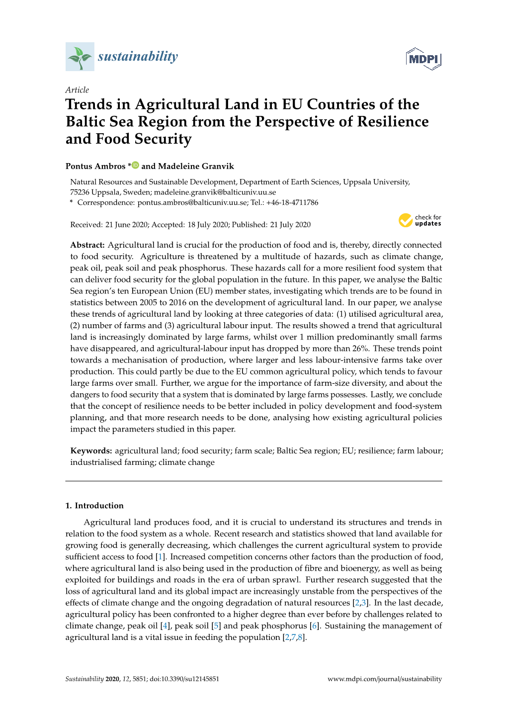 Trends in Agricultural Land in EU Countries of the Baltic Sea Region from the Perspective of Resilience and Food Security