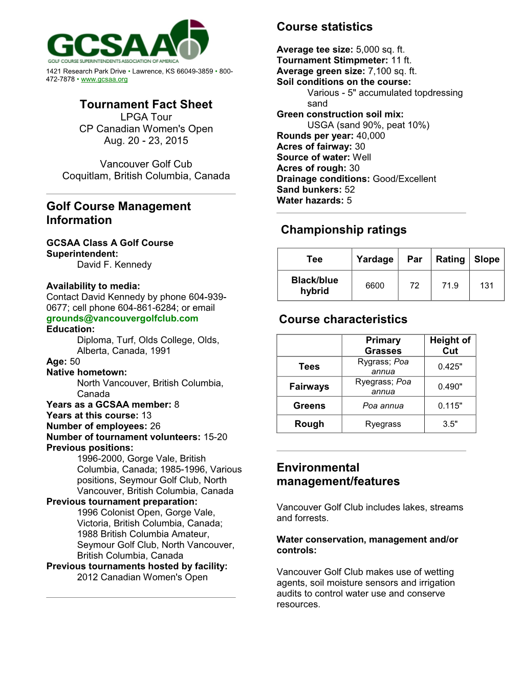 Tournament Fact Sheet Golf Course Management Information Course