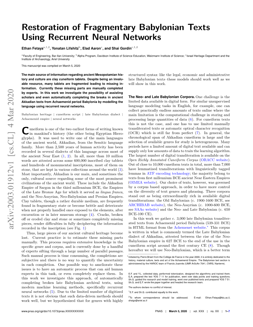 Restoration of Fragmentary Babylonian Texts Using Recurrent Neural Networks