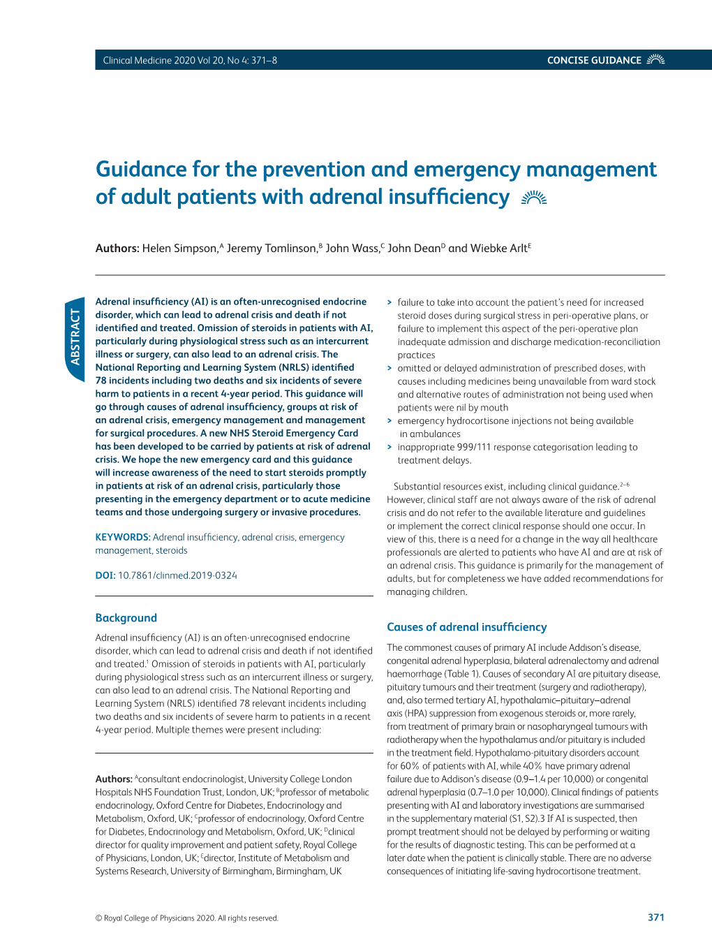 Guidance for the Prevention and Emergency Management of Adult Patients with Adrenal Insufficiency