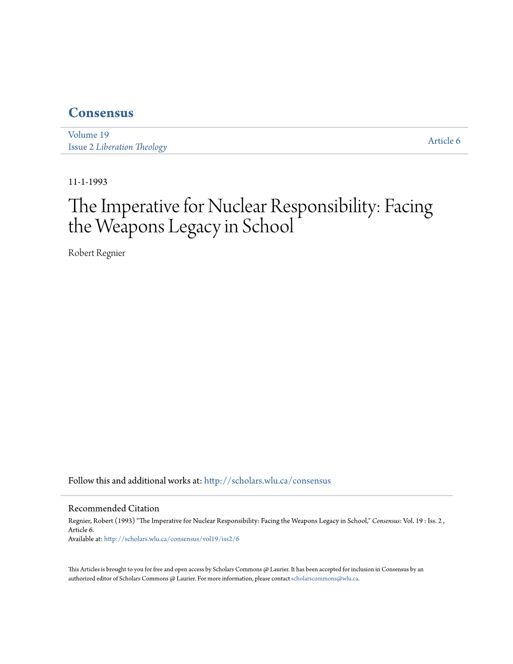 The Imperative for Nuclear Responsibility: Facing the Weapons Legacy in School