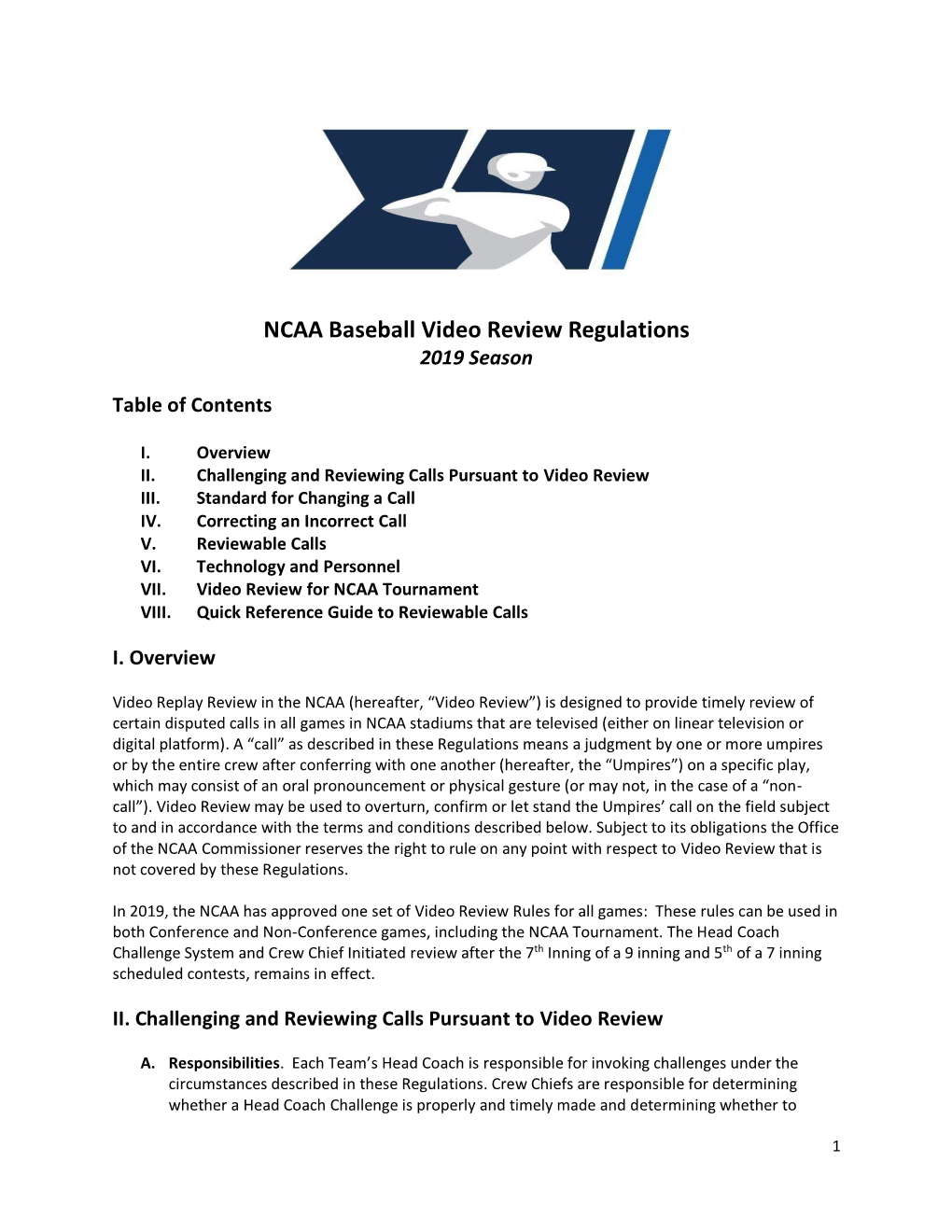 NCAA Baseball Video Review Regulations 2019 Season