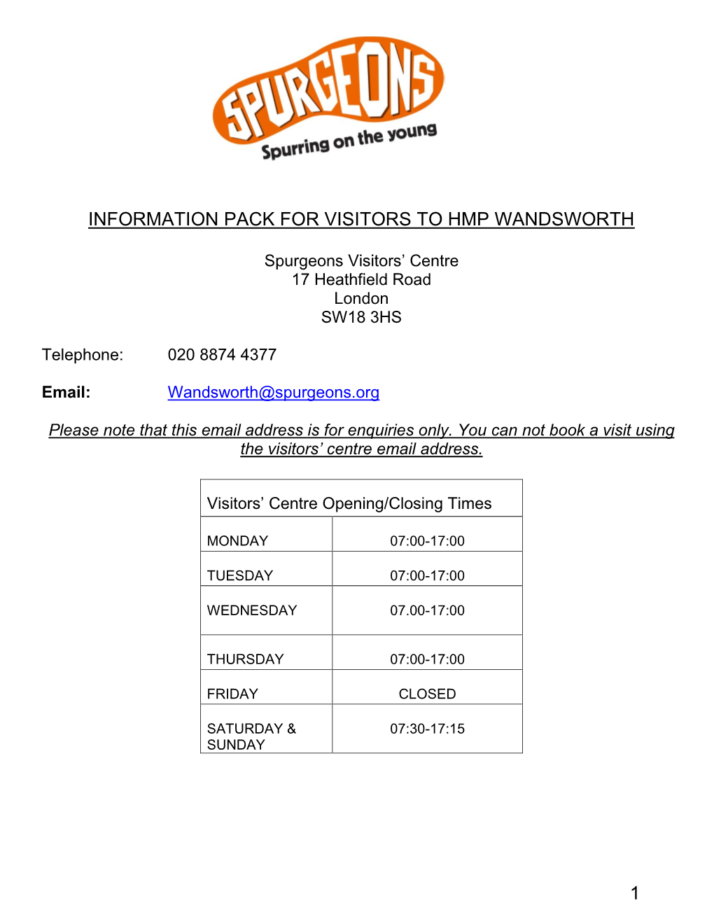 Information Pack for Visitors to Hmp Wandsworth 1