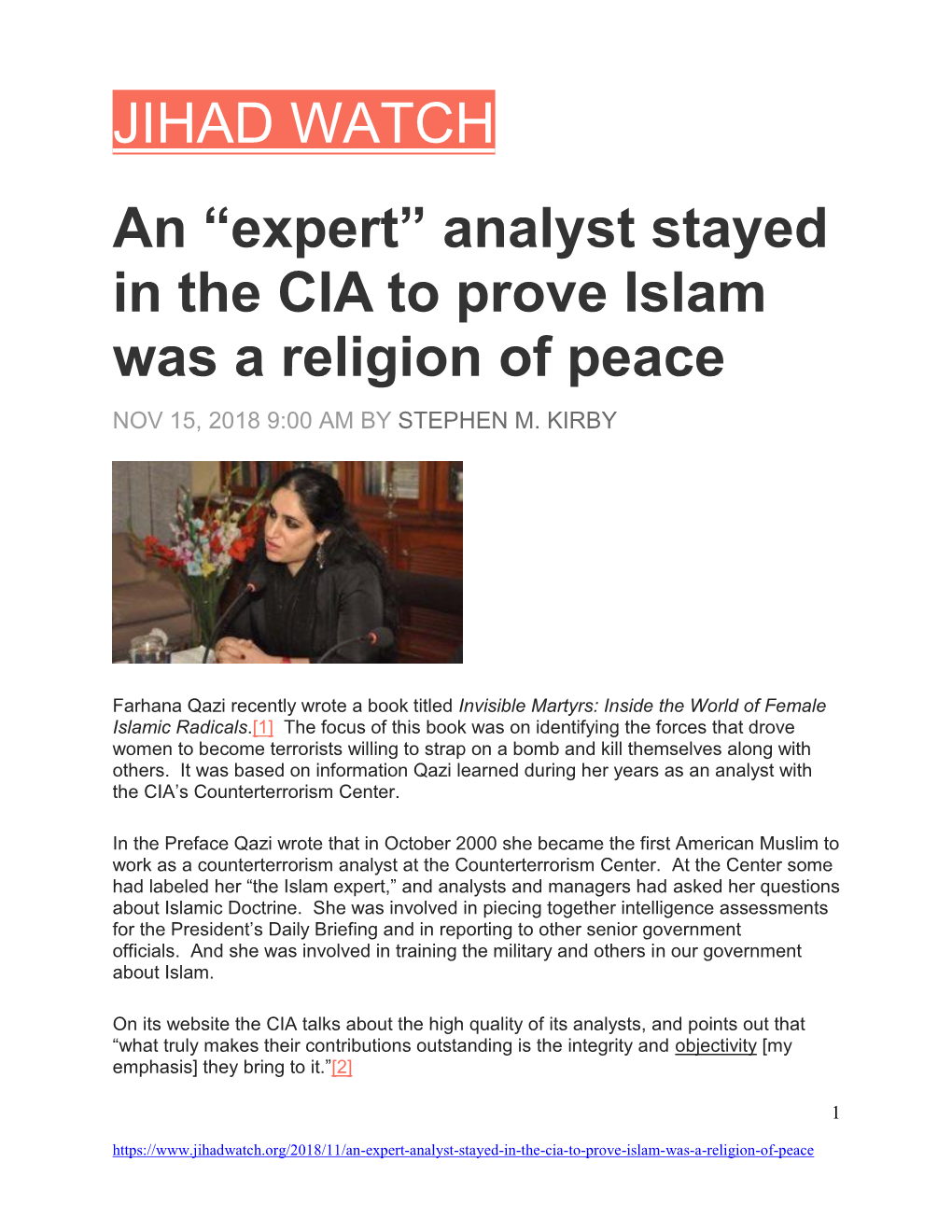 JIHAD WATCH an “Expert” Analyst Stayed in the CIA to Prove Islam
