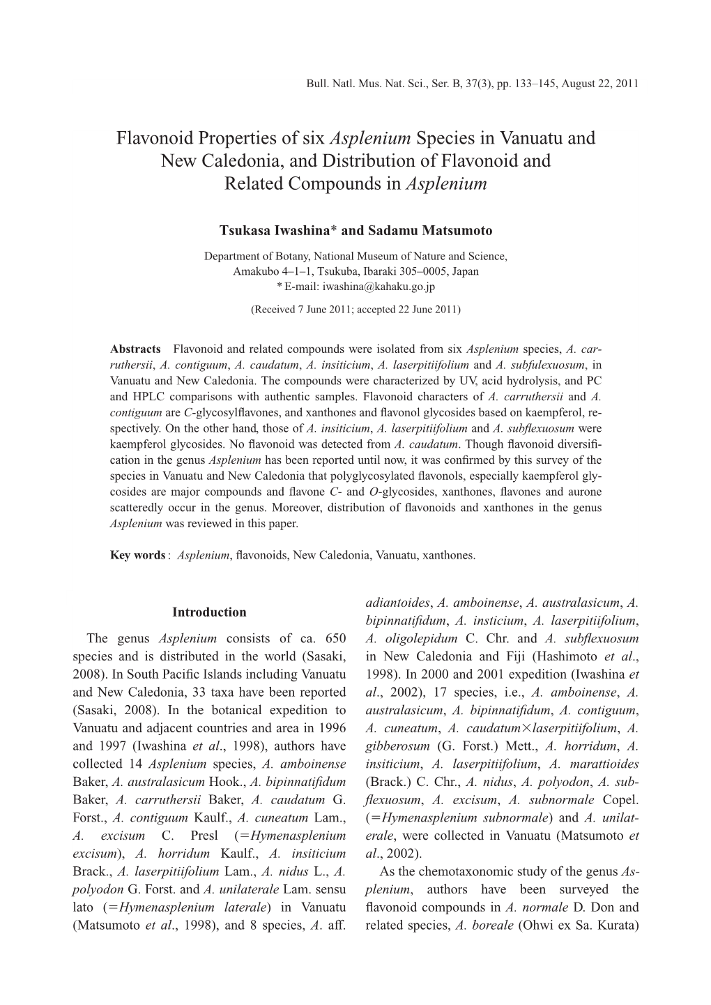 Flavonoid Properties of Six Asplenium Species in Vanuatu and New Caledonia, and Distribution of Flavonoid and Related Compounds in Asplenium