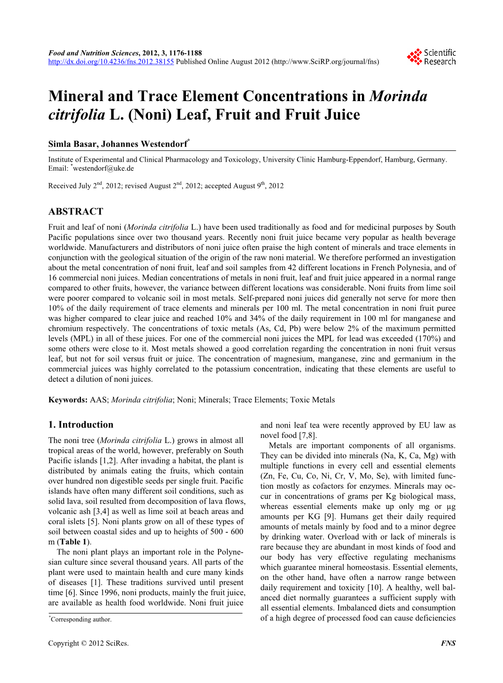 Mineral and Trace Element Concentrations in Morinda Citrifolia L