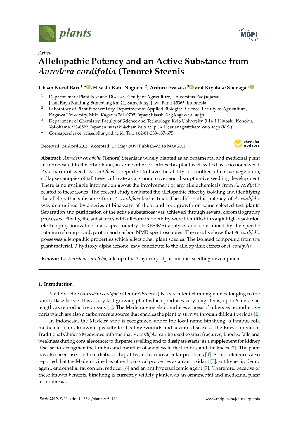 Allelopathic Potency and an Active Substance from Anredera Cordifolia (Tenore) Steenis