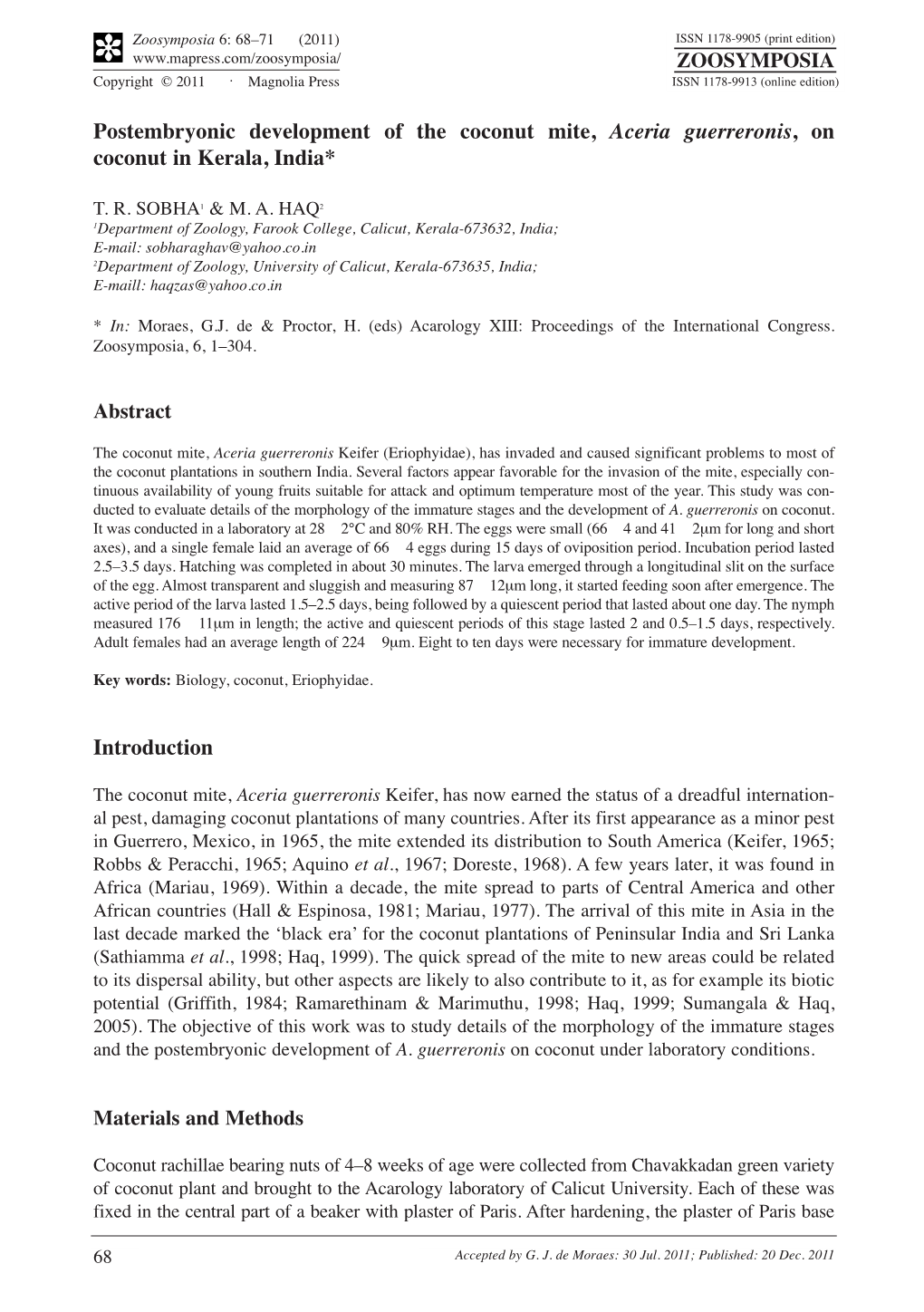 Postembryonic Development of the Coconut Mite, Aceria Guerreronis , on Coconut in Kerala, India*