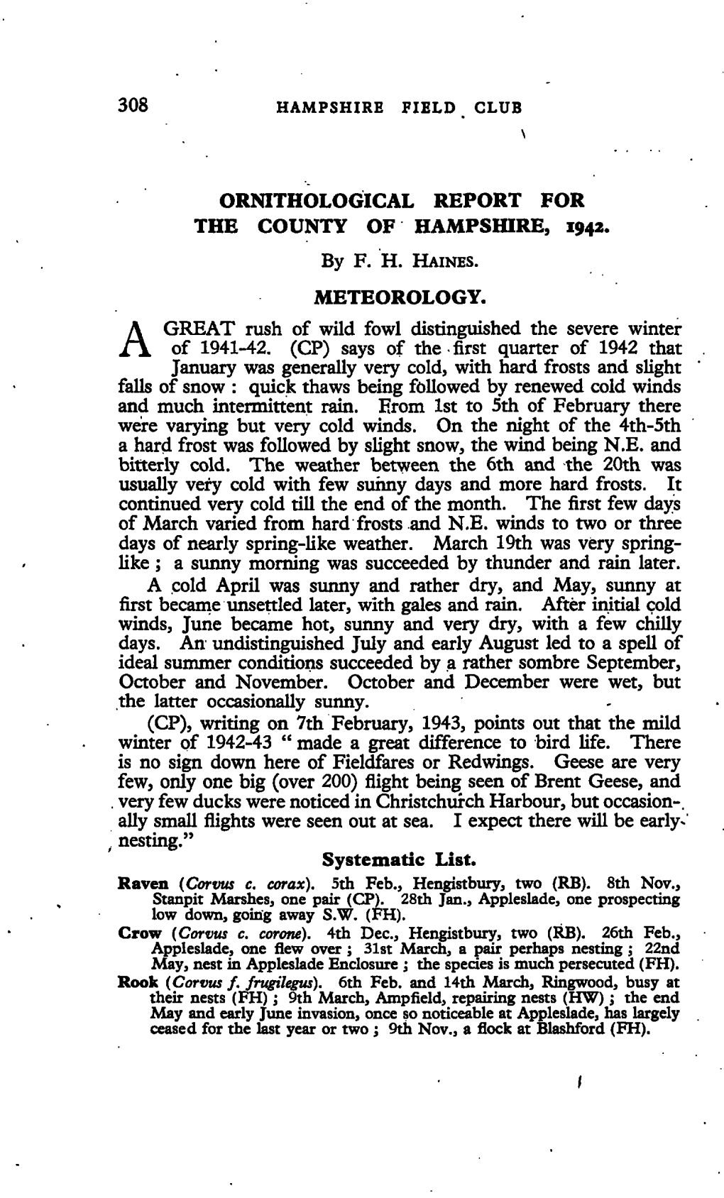 Ornithological Report for the County of Hampshire, 1942