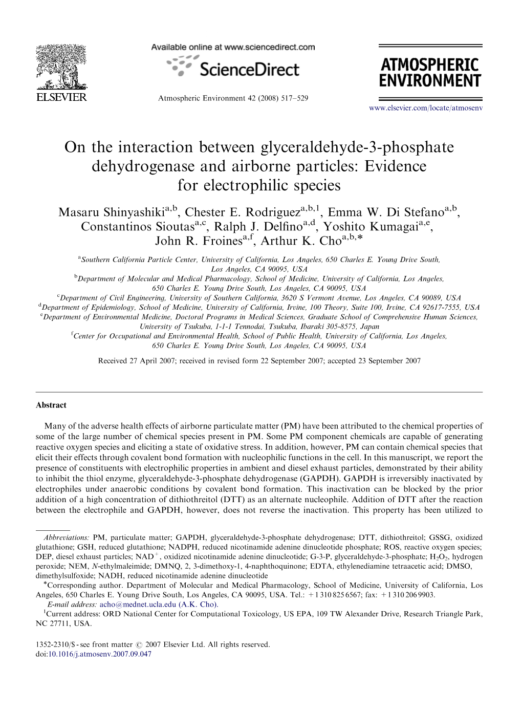 On the Interaction Between Glyceraldehyde-3-Phosphate Dehydrogenase and Airborne Particles: Evidence for Electrophilic Species