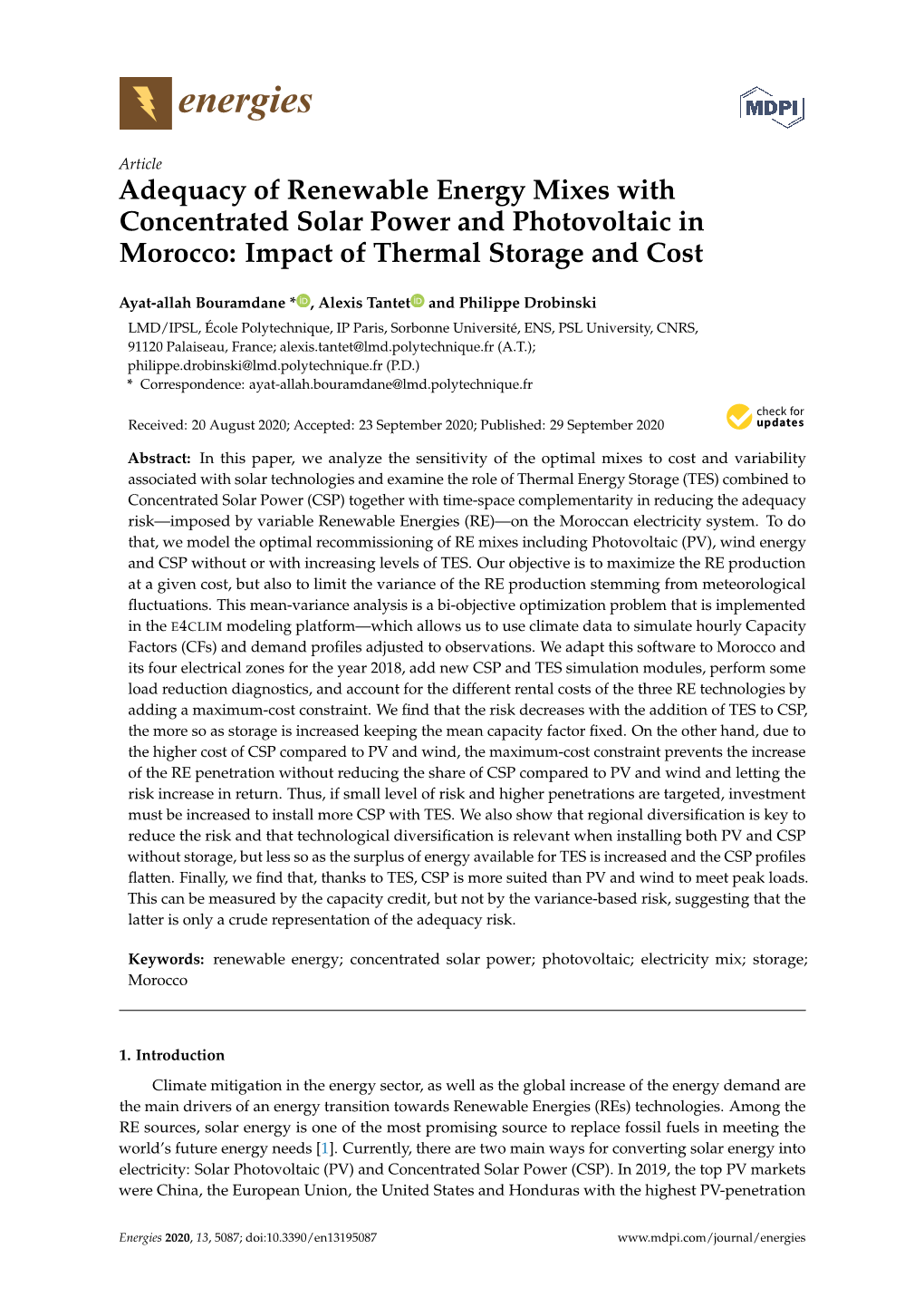 Adequacy of Renewable Energy Mixes with Concentrated Solar Power and Photovoltaic in Morocco: Impact of Thermal Storage and Cost