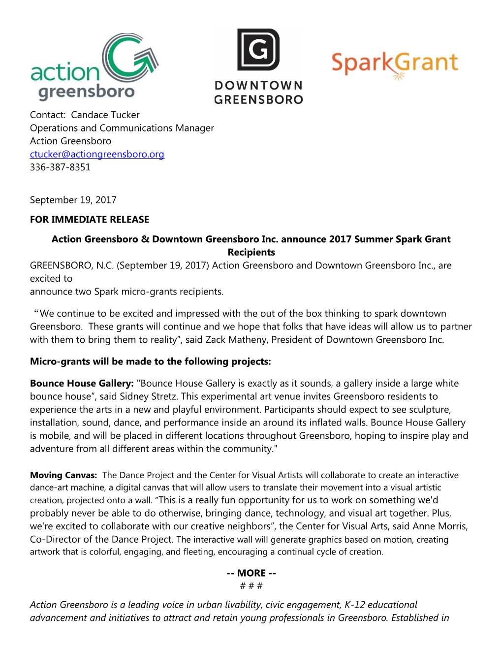 Action Greensboro Down Town Greensboro Inc. Announce 2017 Summer Spark Grant Recipients