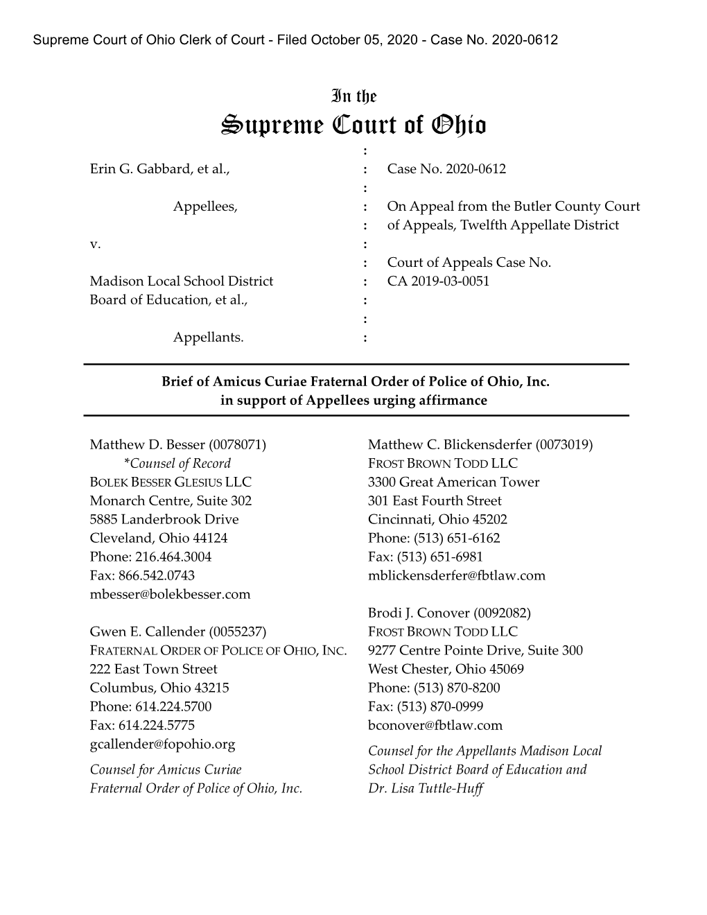 Supreme Court of Ohio Clerk of Court - Filed October 05, 2020 - Case No