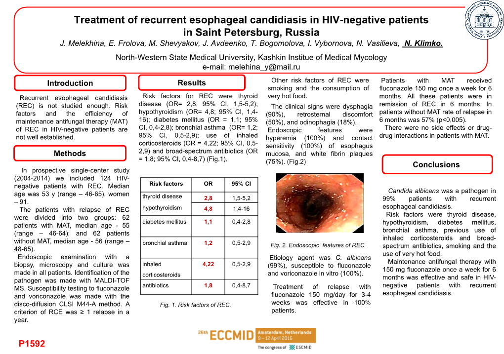 Treatment of Recurrent Esophageal Candidiasis in HIV-Negative Patients in Saint Petersburg, Russia J