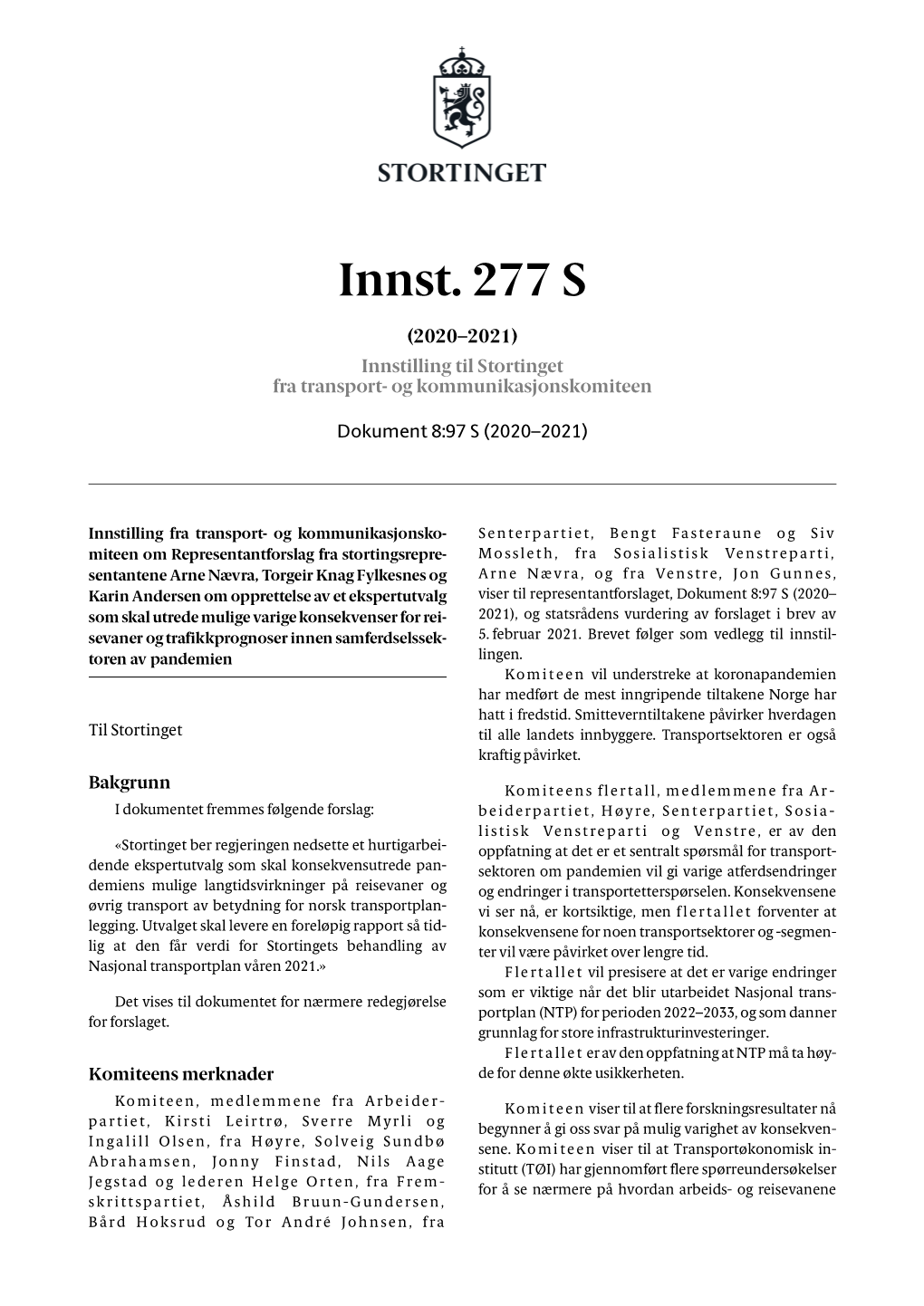 Innst. 277 S (2020–2021) Innstilling Til Stortinget Fra Transport- Og Kommunikasjonskomiteen