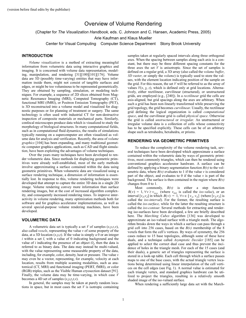 Overview of Volume Rendering (Chapter for the Visualization Handbook, Eds