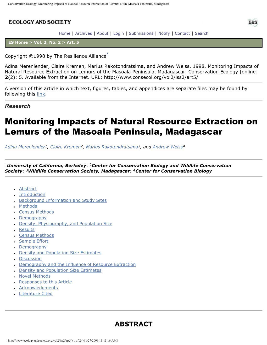 Conservation Ecology: Monitoring Impacts of Natural Resource Extraction on Lemurs of the Masoala Peninsula, Madagascar