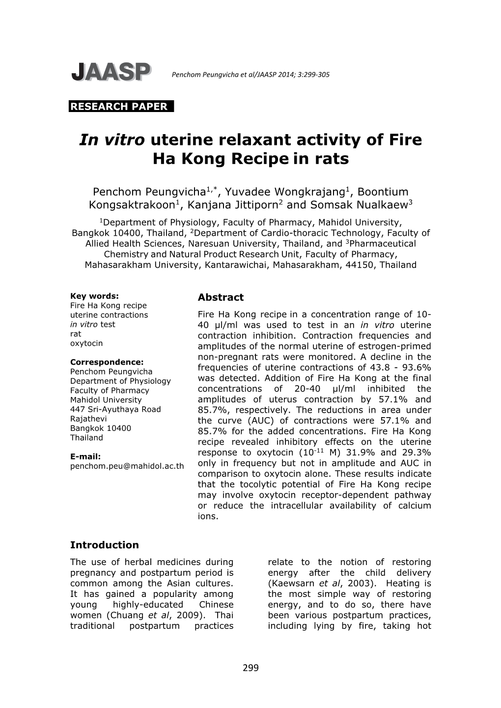 In Vitro Uterine Relaxant Activity of Fire Ha Kong Recipe in Rats