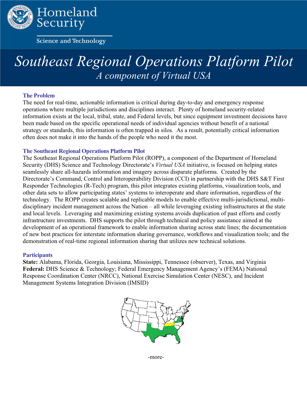 Southeast Regional Operations Platform Pilot a Component of Virtual USA