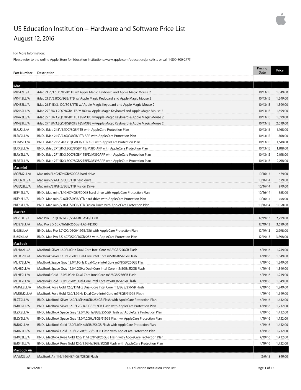 Apple US Education Price List