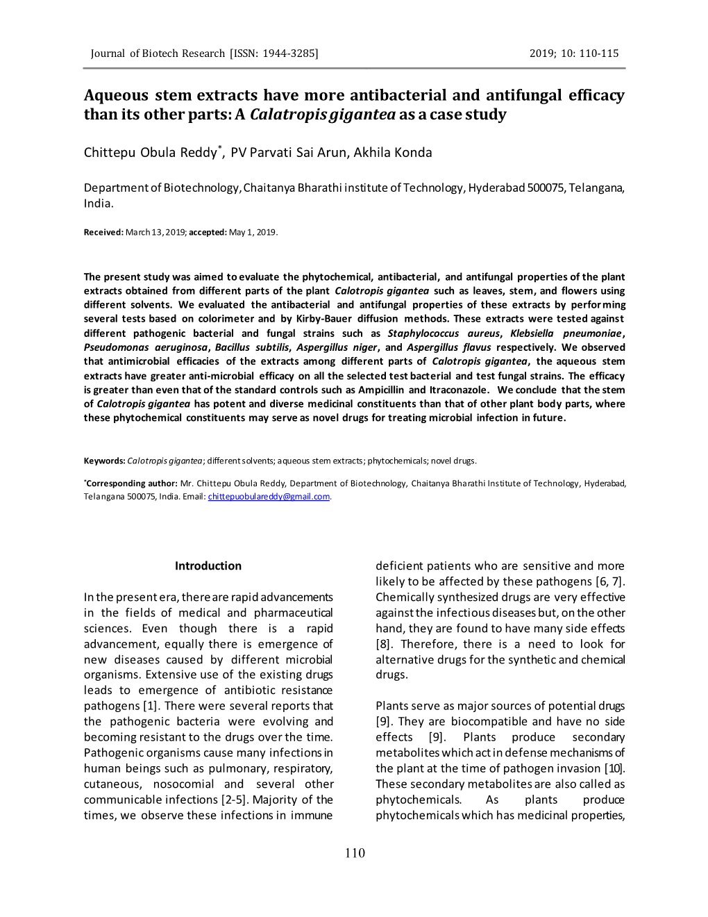 Aqueous Stem Extracts Have More Antibacterial and Antifungal Efficacy Than Its Other Parts: a Calatropis Gigantea As a Case Study