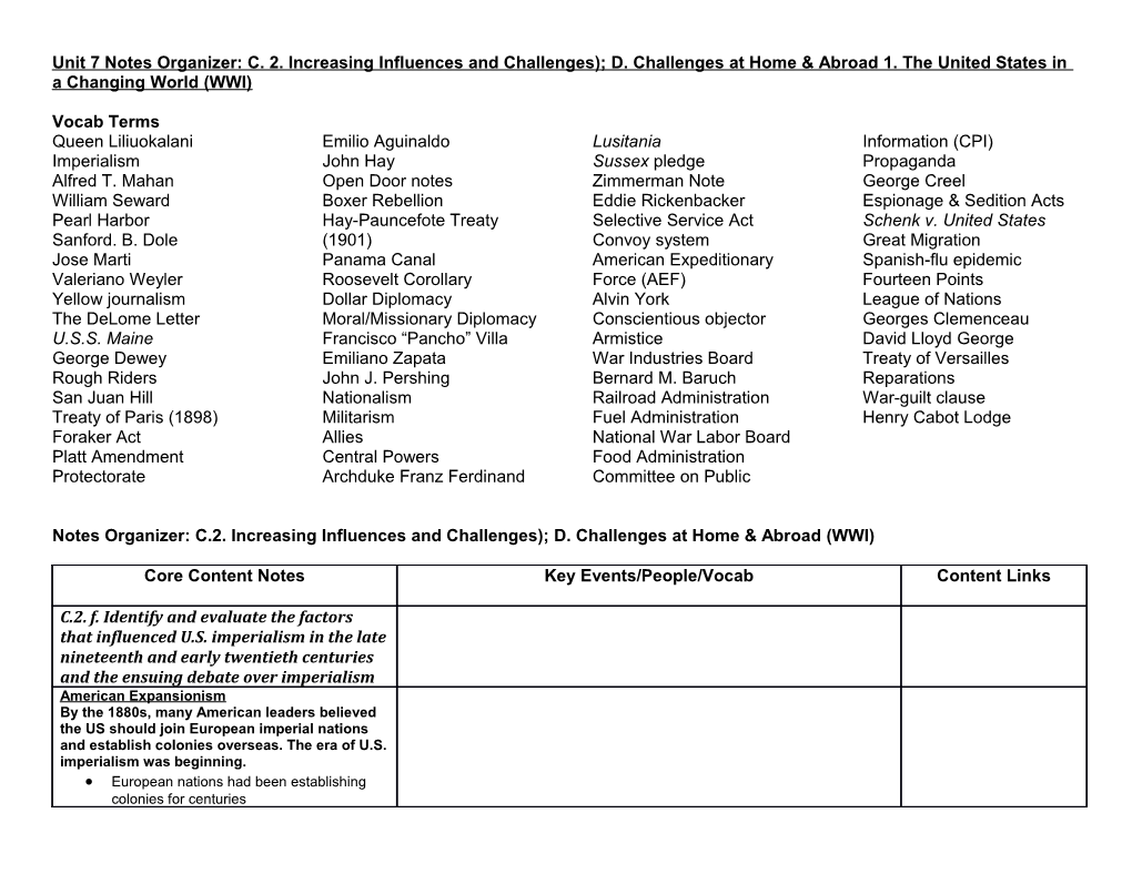 Unit 7 Notes Organizer: C. 2. Increasing Influences and Challenges); D. Challenges At