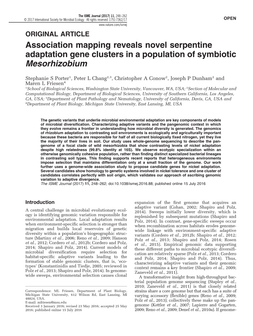 Association Mapping Reveals Novel Serpentine Adaptation Gene Clusters in a Population of Symbiotic Mesorhizobium