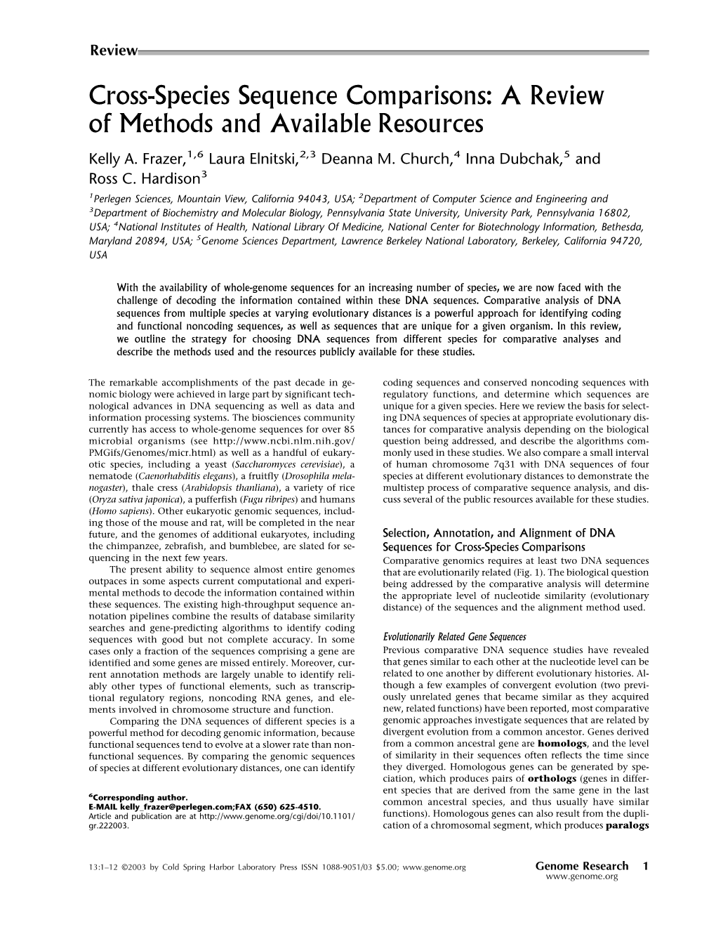 Cross-Species Sequence Comparisons: a Review of Methods and Available Resources