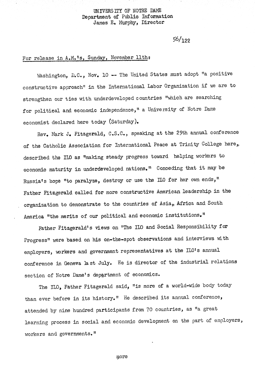 UNIVERSITY of NOTRE DAME Department of Public Information James E, Murphy, Director for Release in A.M.'S, Sunday, November 11Th