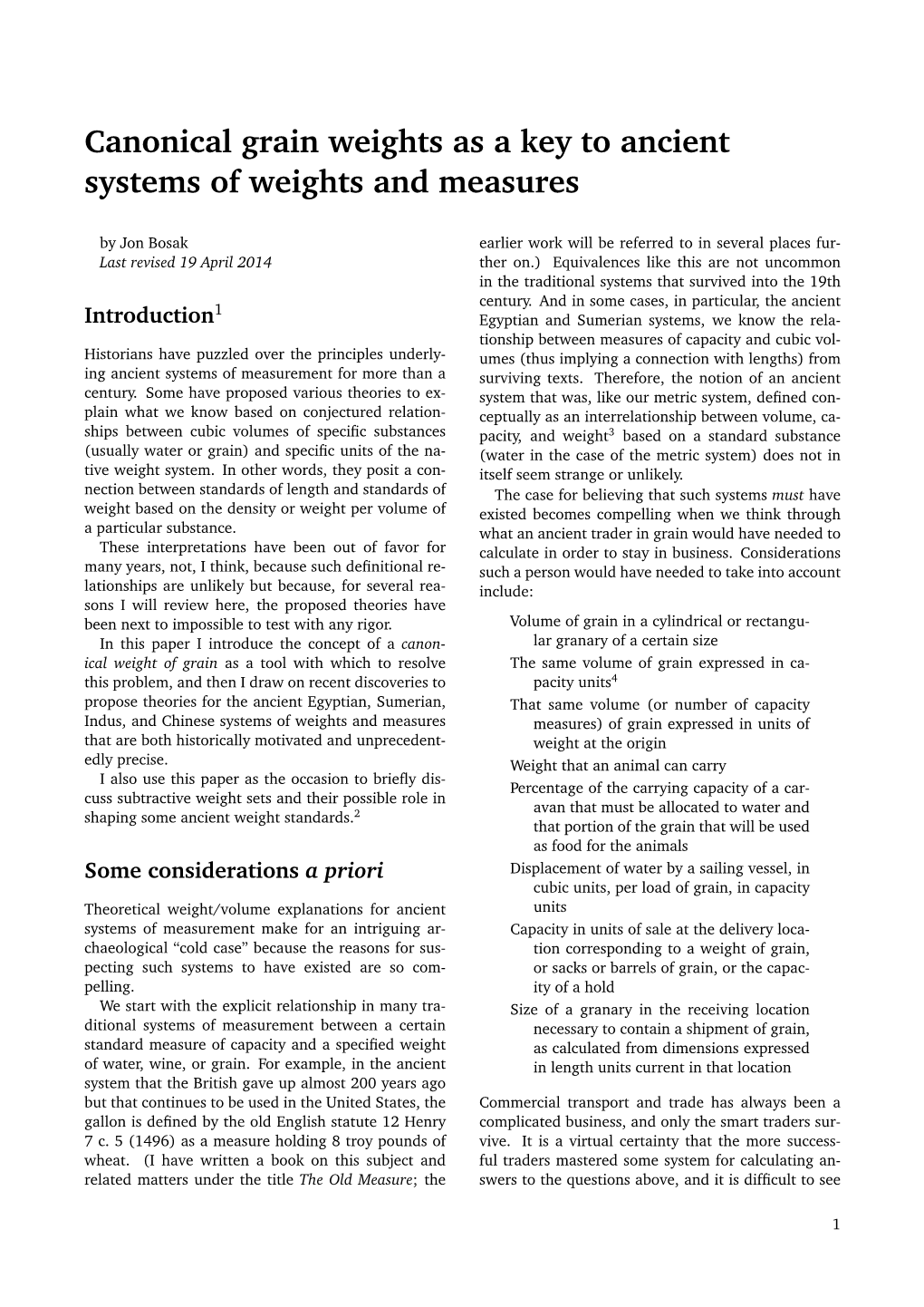 Canonical Grain Weights As a Key to Ancient Systems of Weights and Measures