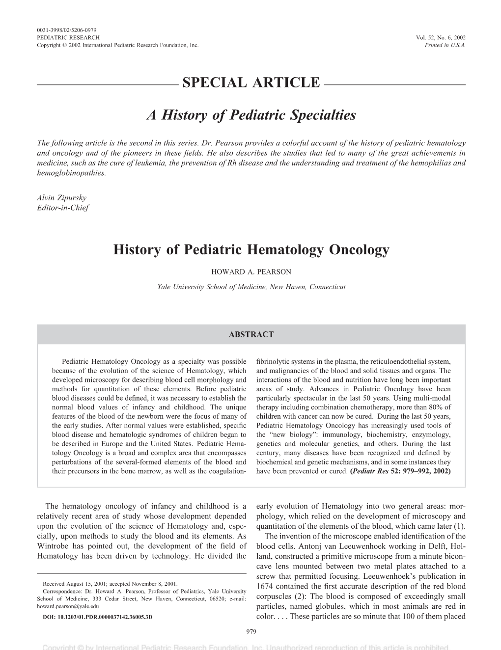 History of Pediatric Hematology Oncology