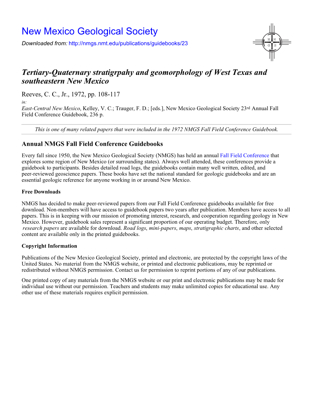 Tertiary-Quaternary Stratigrpahy and Geomorphology of West Texas and Southeastern New Mexico Reeves, C