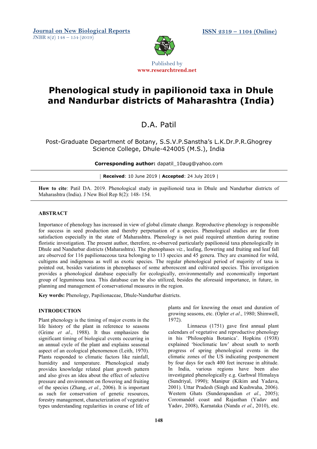 Phenological Study in Papilionoid Taxa in Dhule and Nandurbar Districts of Maharashtra (India)