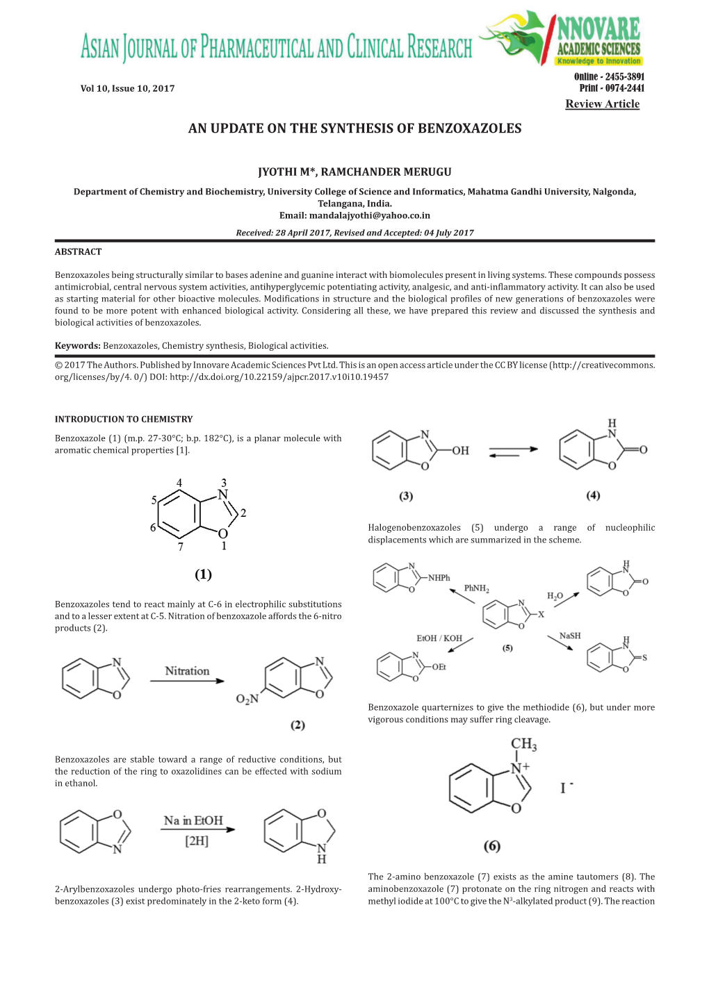 An Update on the Synthesis of Benzoxazoles