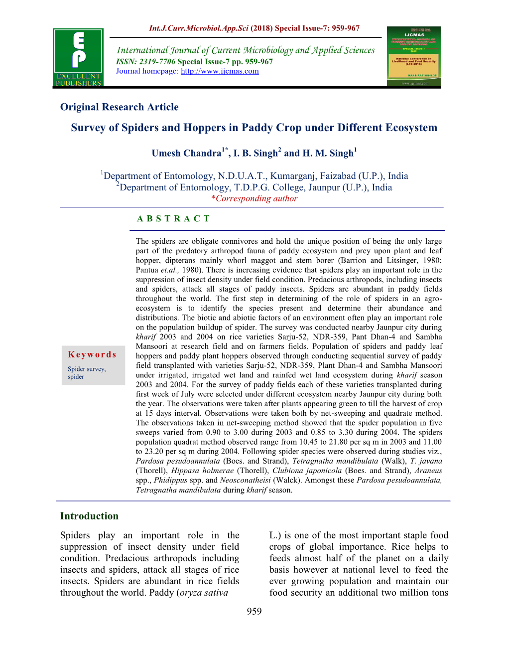 Survey of Spiders and Hoppers in Paddy Crop Under Different Ecosystem