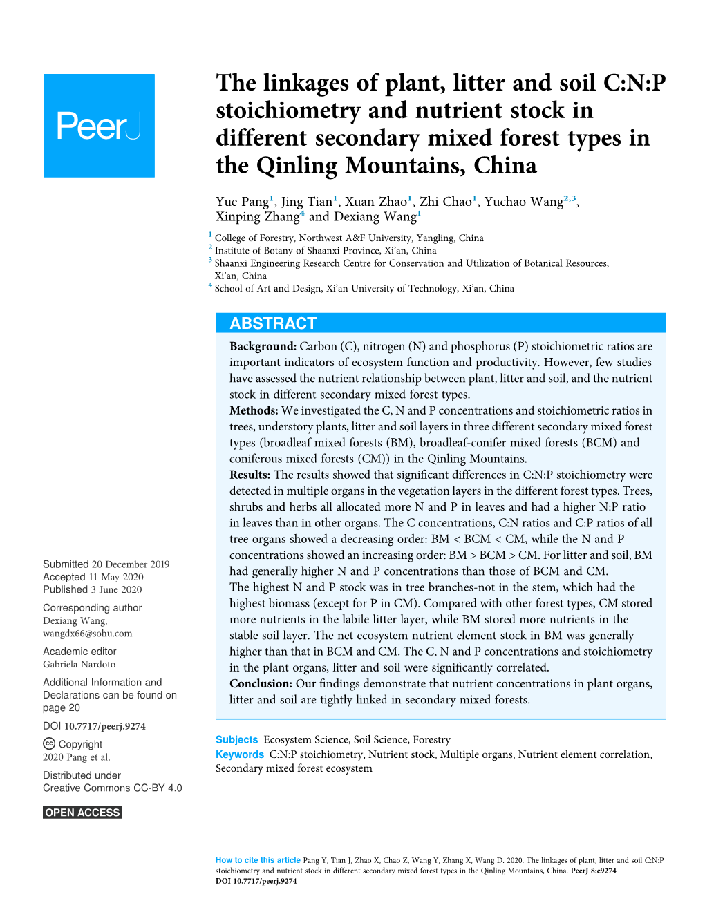 The Linkages of Plant, Litter and Soil C:N:P Stoichiometry and Nutrient Stock in Different Secondary Mixed Forest Types in the Qinling Mountains, China