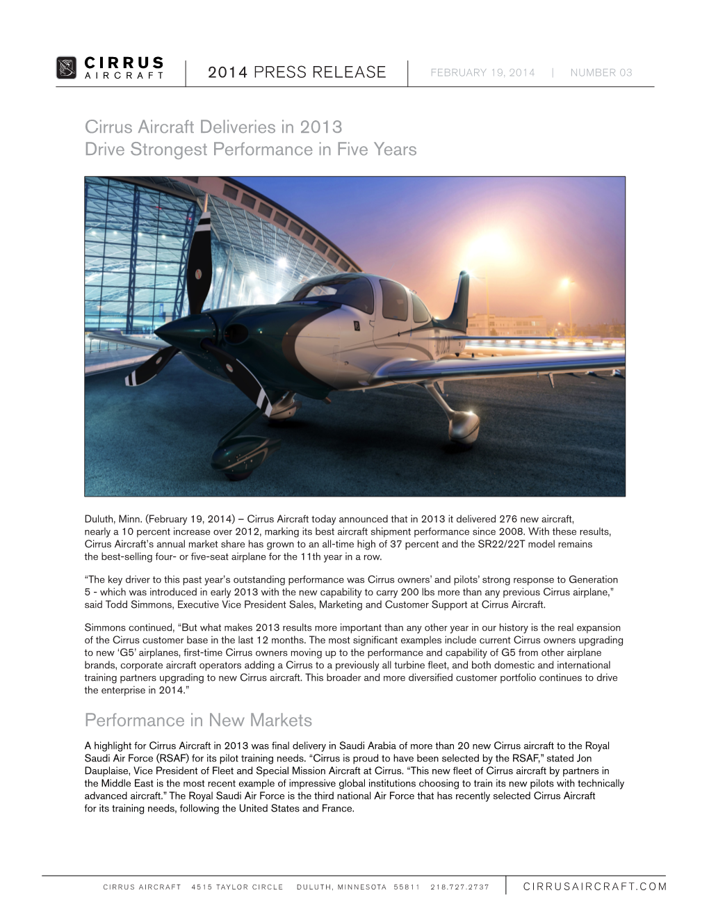 Cirrus Aircraft Deliveries in 2013 Drive Strongest Performance in Five Years