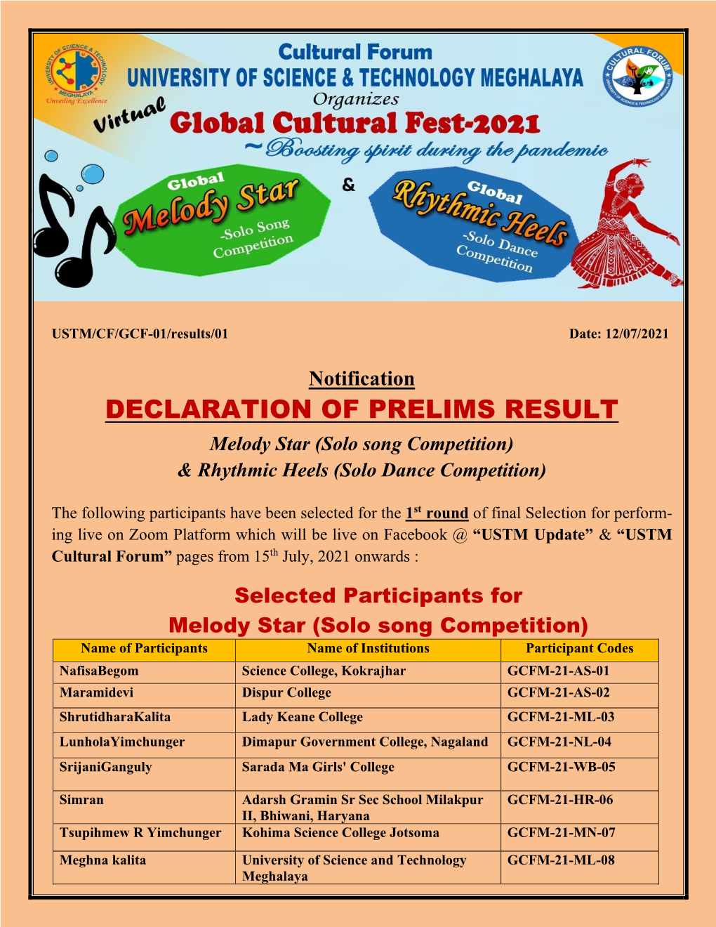 DECLARATION of PRELIMS RESULT Melody Star (Solo Song Competition) & Rhythmic Heels (Solo Dance Competition)