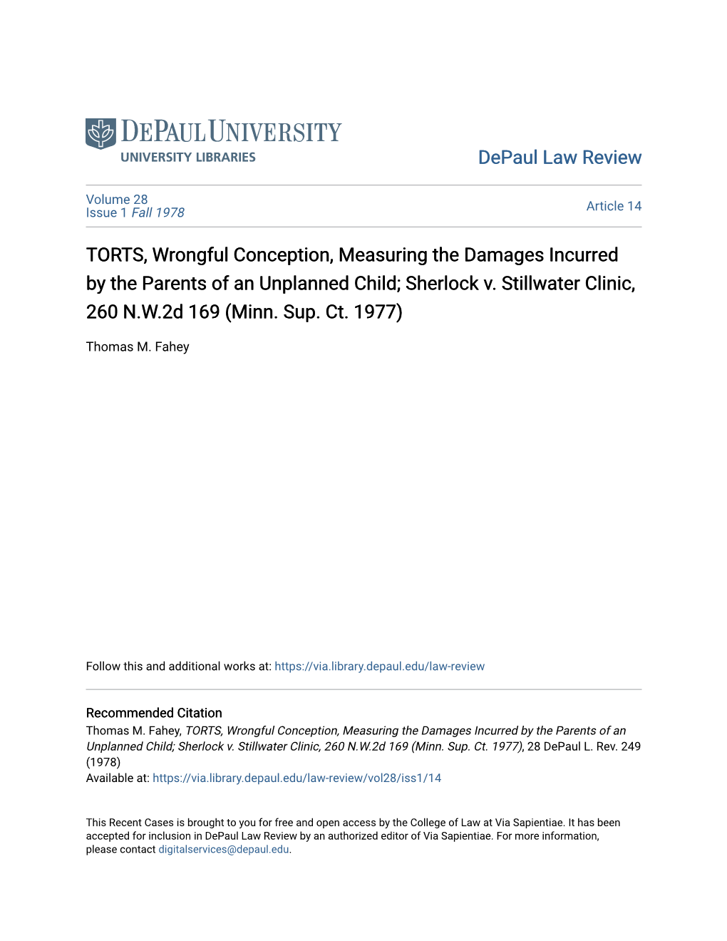 TORTS, Wrongful Conception, Measuring the Damages Incurred by the Parents of an Unplanned Child; Sherlock V