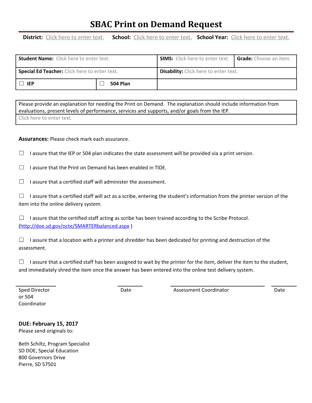 SBAC Print on Demand Request