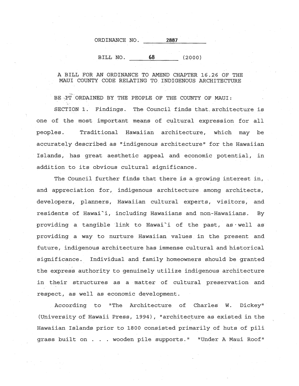 ORDINANCE NO. 2887 BILL NO. (2000) a BILL for an ORDINANCE to AMEND CHAPTER 16.26 of the 'MAUI '. County CODE R.ELATING TO. INDI