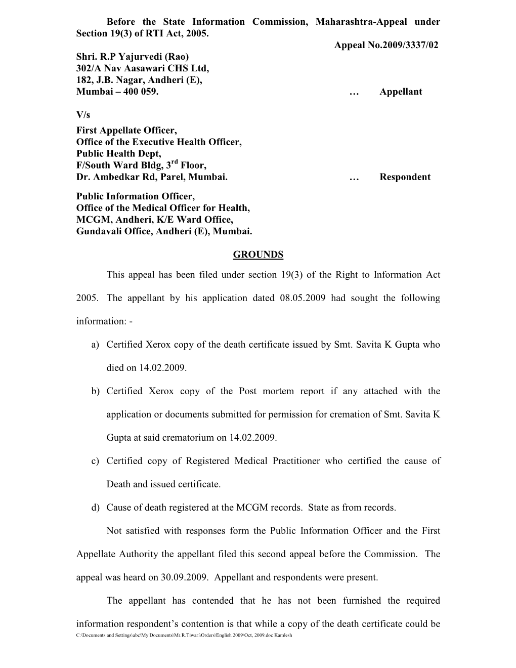 Before the State Information Commission, Maharashtra-Appeal Under Section 19(3) of RTI Act, 2005