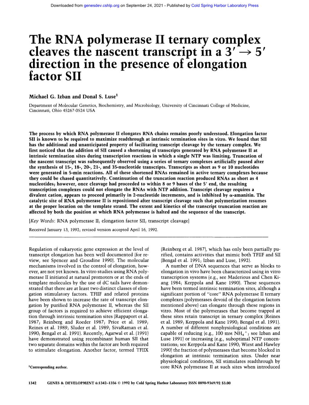 The RNA Polymerase II Ternary Complex Cleaves the Nascent Transcri T in a 3' 5' • • ° P O Direction in Tile Presence of Elongation Factor SII