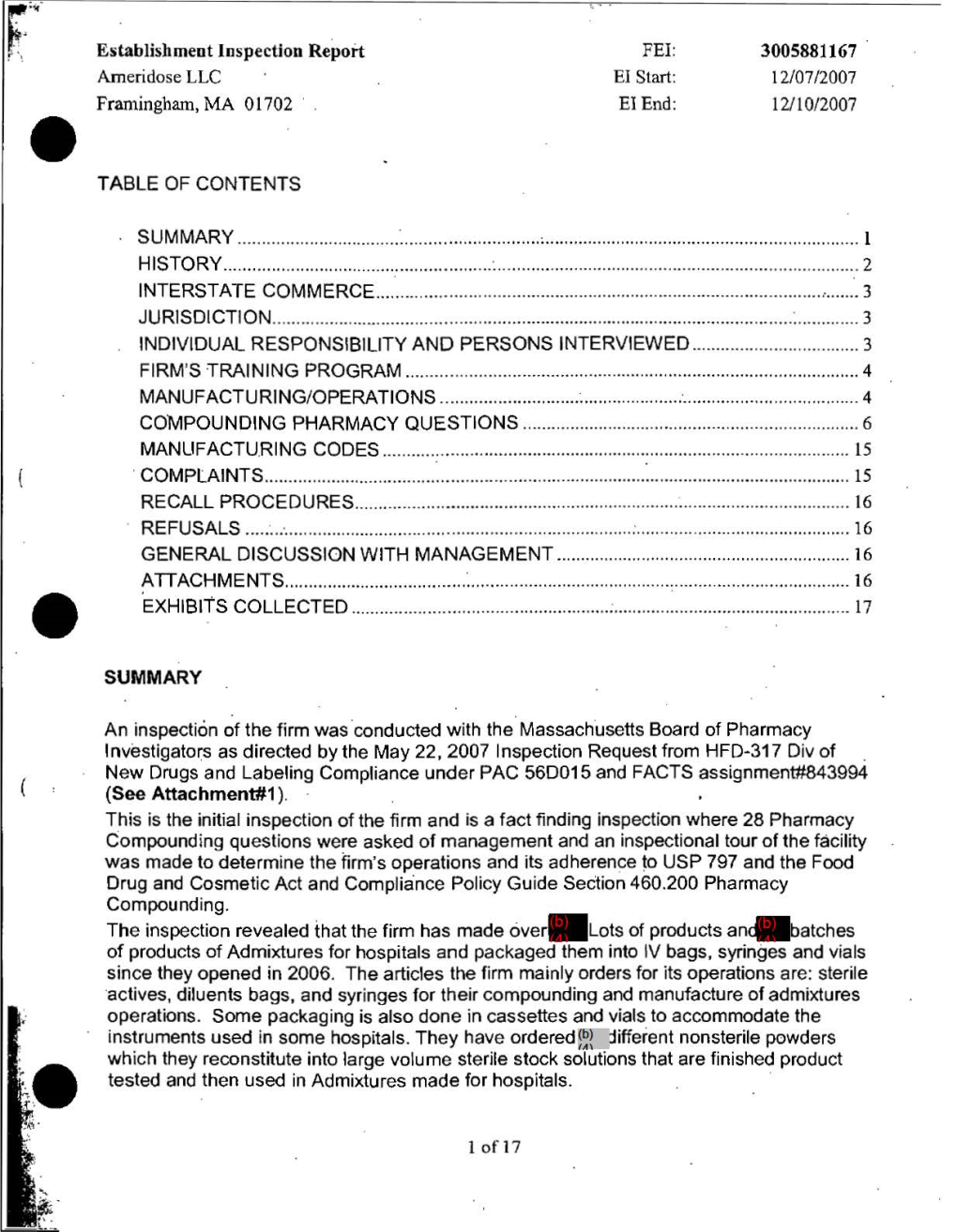 Establishment Inspection Report FEI: 3005881167 Ameri Dose LLC EI Start: 12/07/2007 Framingham, MA 01702 · EI End: 12/10/2007